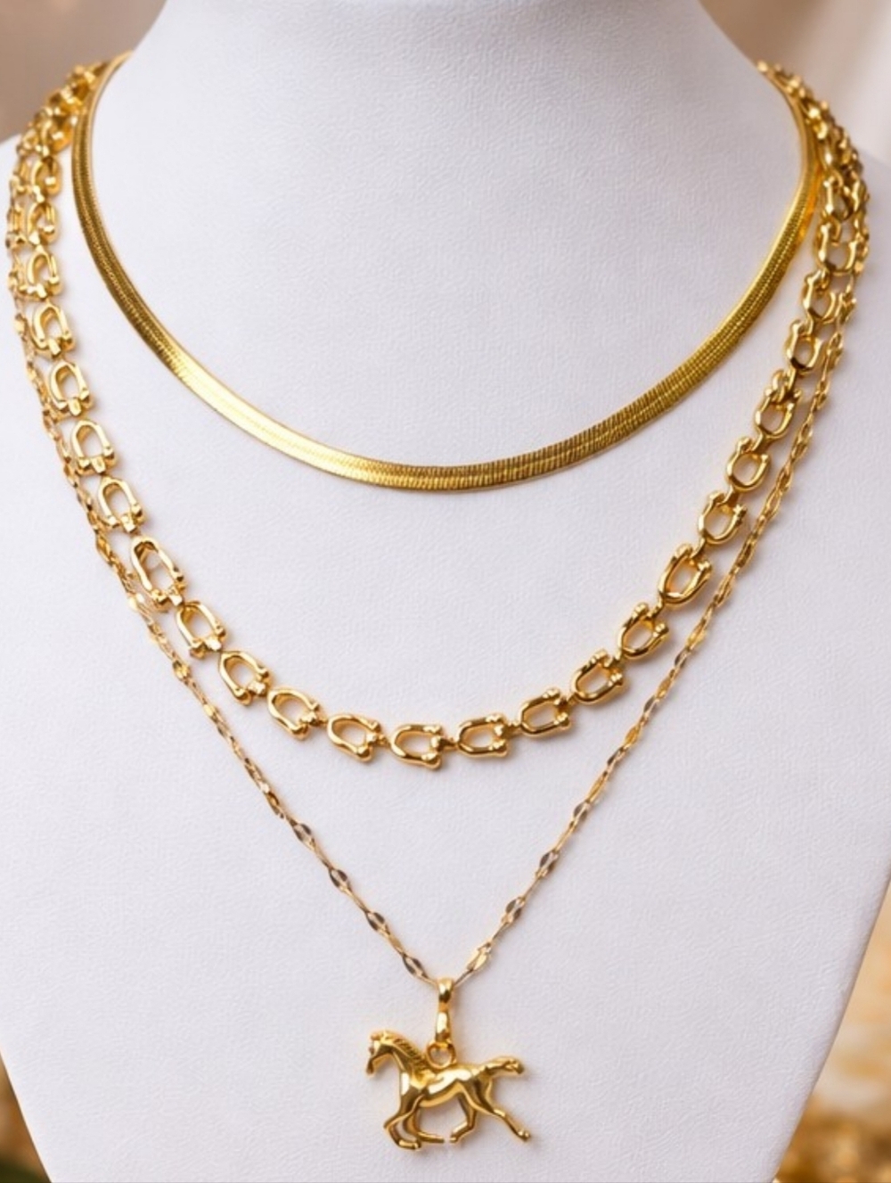Coastal Cowgirl Layered Necklace Stack Horse Pendant 18KGP Gold Plated